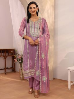 Libas - Embroidered Organza Straight Purple Kurta with Pant & Dupatta