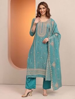 Libas - Embroidered Organza Straight Blue Kurta with Pant & Dupatta