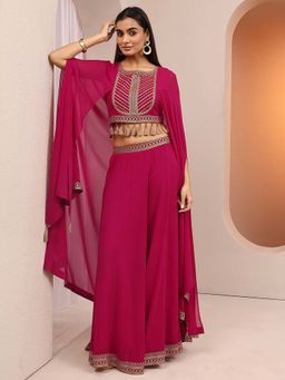 Libas Art - Art Embroidered Poly Georgette Straight Crop Top with Palazzo & Jacket