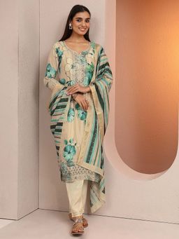 Libas - Floral Print Silk Blend Straight Kurta with Pant & Dupatta