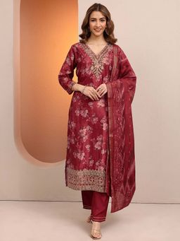 Libas - Floral Print Chinon Straight Kurta with Pant & Dupatta