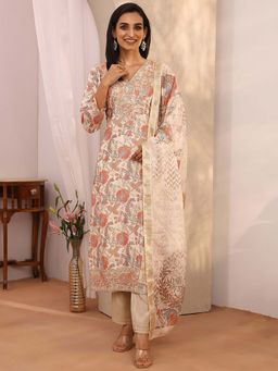 Libas - Off White Chinon Straight Kurta with Pant & Dupatta