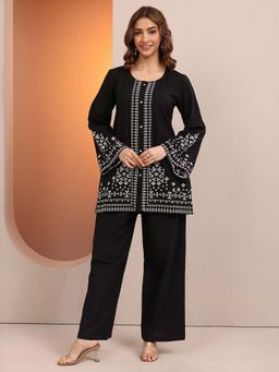 Libas - Printed Cotton Blend Straight Black Co-Ord Set for Women