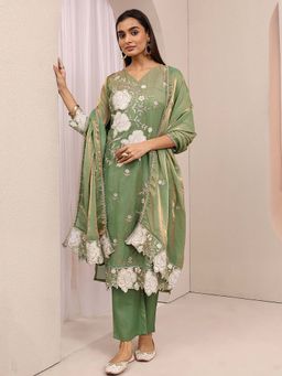 Libas - Green Embroidered Organza Straight Kurta with Pant & Dupatta