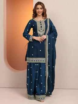 Libas - Teal Embroidered Chinon Straight Kurta with Palazzo & Dupatta
