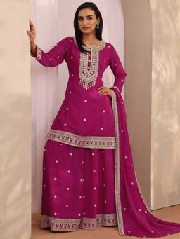 Libas - Embroidered Chinon Straight Kurta with Palazzo & Dupatta
