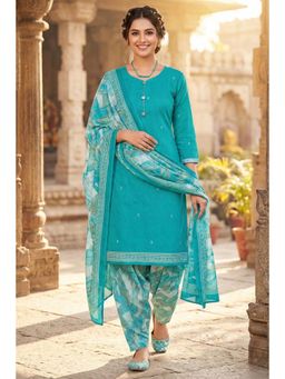 Rajnandini - Turquoise Cotton Blend Printed Ready to Wear Patiala Salwar with Kurta & Dupatta
