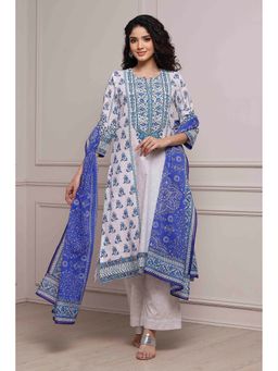 Biba - Women Blue Cotton Straight Kurta with Pant & Dupatta