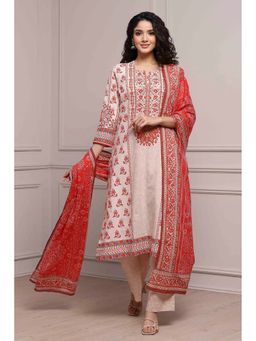 Biba - Women Orange Cotton Straight Kurta with Pant & Dupatta