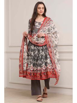 Biba - Women Grey Cotton Kalida Anarkali Kurta with Pant & Dupatta