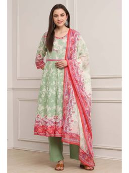 Biba - Women Green Cotton Kalida Anarkali Kurta with Pant & Dupatta