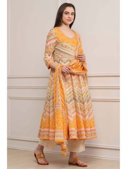 Biba - Women Mango Yellow Cotton Printed Anarkali Kurta with Pant & Dupatta