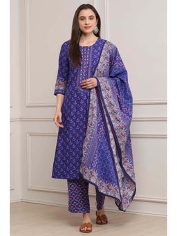 Biba - Women Purple Cotton Straight Kurta with Pant & Dupatta