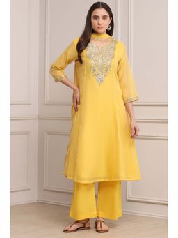 Biba - Women Yellow Poly Chanderi Straight Kurta with Pant & Dupatta