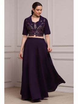 Biba - Women Purple Viscose Blend Printed Fusion Crop Top with Jacket & Lehenga