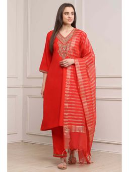 Biba - Women Red Viscose Rayon Straight Kurta with Pant & Dupatta