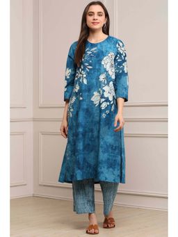 Biba - Women Blue Cotton Straight Kurta with Pant & Dupatta