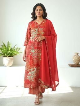 Autumnlane - Reet Carmine Printed Work Kurta with Pant & Dupatta