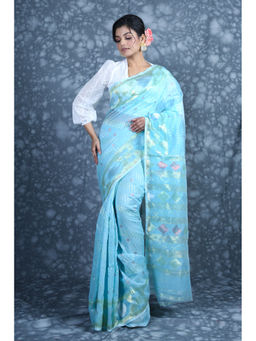 CHARUKRITI - Allover Zari Weaving Sky Blue Jamdani Saree with Unstitched Blouse