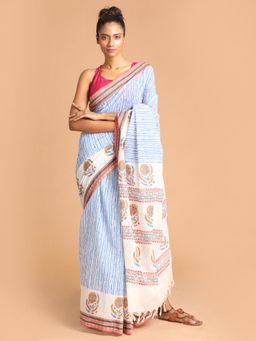 Indethnic - Blue Printed Pure Cotton Saree with Unstitched Blouse