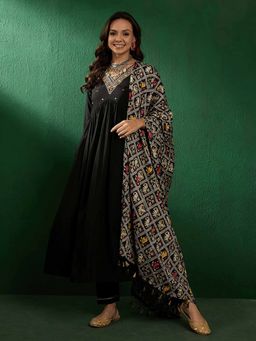 KVS FAB - Black Embroidered Straight Anarkali Kurta with Pant and Dupatta (Set of 3)