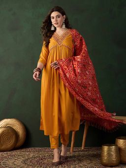 KVS FAB - Mustard Embroidered Straight Kurta with Pant and Dupatta (Set of 3)
