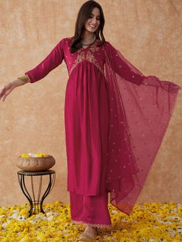 KVS FAB - Pink Embroidery Alia Cut Kurta with Palazzo and Dupatta (Set of 3)