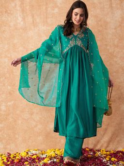 KVS FAB - Teal Embroidery Alia cut Kurta with Palazzo and Dupatta (Set of 3)