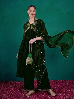 KVS FAB - Green Embroidery Alia Cut Kurta with Palazzo and Dupatta (Set of 3)