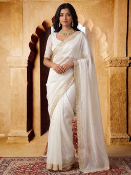 Akhilam - Women White Embellished Satin Saree with Unstitched Blouse