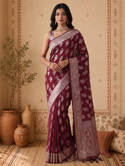 Akhilam - Women Wine Handloom Georgette Saree with Unstitched Blouse