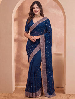 Akhilam - Women Navy Blue Embellished Silk Saree with Unstitched Blouse