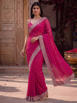 Akhilam - Women Pink Embellished Silk Saree with Unstitched Blouse