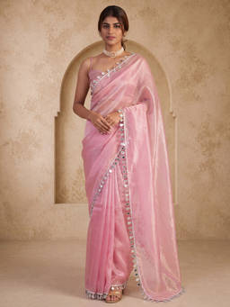 Akhilam - Women Pink Embellished Satin Saree with Unstitched Blouse