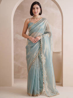 Akhilam - Women Blue Embellished Satin Saree with Unstitched Blouse