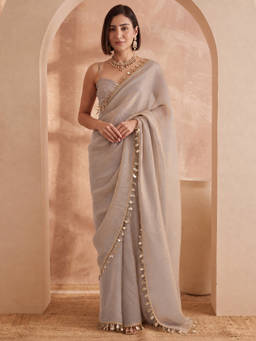 Akhilam - Women Metallic Embellished Satin Saree with Unstitched Blouse