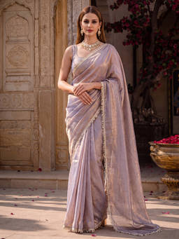 Akhilam - Women Metallic Embroidered Paper Saree with Unstitched Blouse