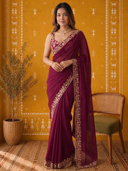 Akhilam - Women Magenta Embroidered Silk Saree with Unstitched Blouse
