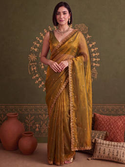 Akhilam - Women Gold Embellished Paper Saree with Unstitched Blouse