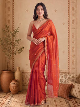 Akhilam - Women Orange Embellished Paper Saree with Unstitched Blouse