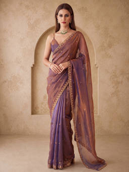Akhilam - Women Rose Gold Embellished Paper Saree with Unstitched Blouse