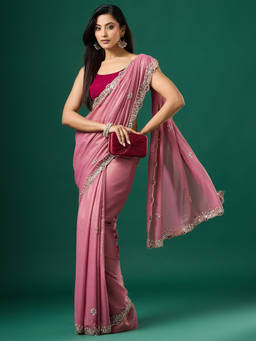 Akhilam - Women Mauve Embellished Georgette Saree with Unstitched Blouse