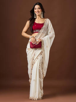 Akhilam - Women Off White Embellished Georgette Saree with Unstitched Blouse