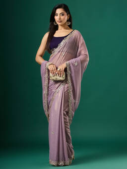 Akhilam - Women Lavender Embellished Georgette Saree with Unstitched Blouse