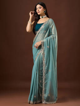 Akhilam - Women Teal Embellished Georgette Saree with Unstitched Blouse