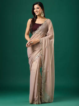 Akhilam - Women Rose Gold Embellished Georgette Saree with Unstitched Blouse