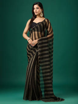 Akhilam - Women Black Embellished Paper Saree with Unstitched Blouse