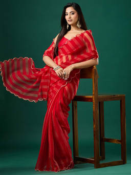 Akhilam - Women Red Embellished Paper Saree with Unstitched Blouse