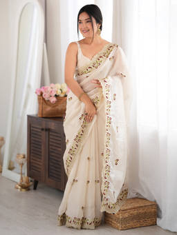 Akhilam - Women Off White Embroidered Satin Saree with Unstitched Blouse