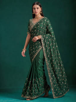 Akhilam - Women Green Embellished Satin Saree with Unstitched Blouse